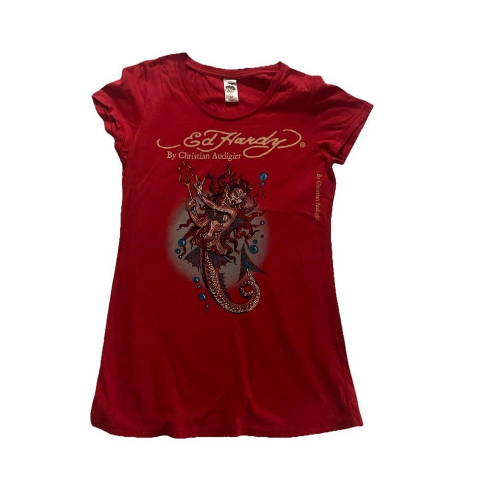 Ed Hardy Rhinestone Mermaid Dress Red Women’s Medium Y2K Grunge Indie Style